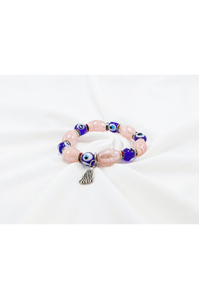 Pink Color Handmade Glass Evil Eye Beaded Drop Bracelet, Evil Eye Beaded Bracelet for Gift
