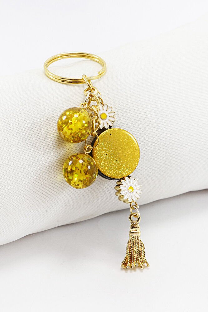 Hardal Renkli Simli Parlak Boncuklu Salkım Anahtarlık, Hediyelik Çanta Süsü