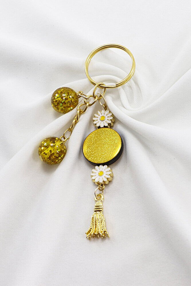 Hardal Renkli Simli Parlak Boncuklu Salkım Anahtarlık, Hediyelik Çanta Süsü