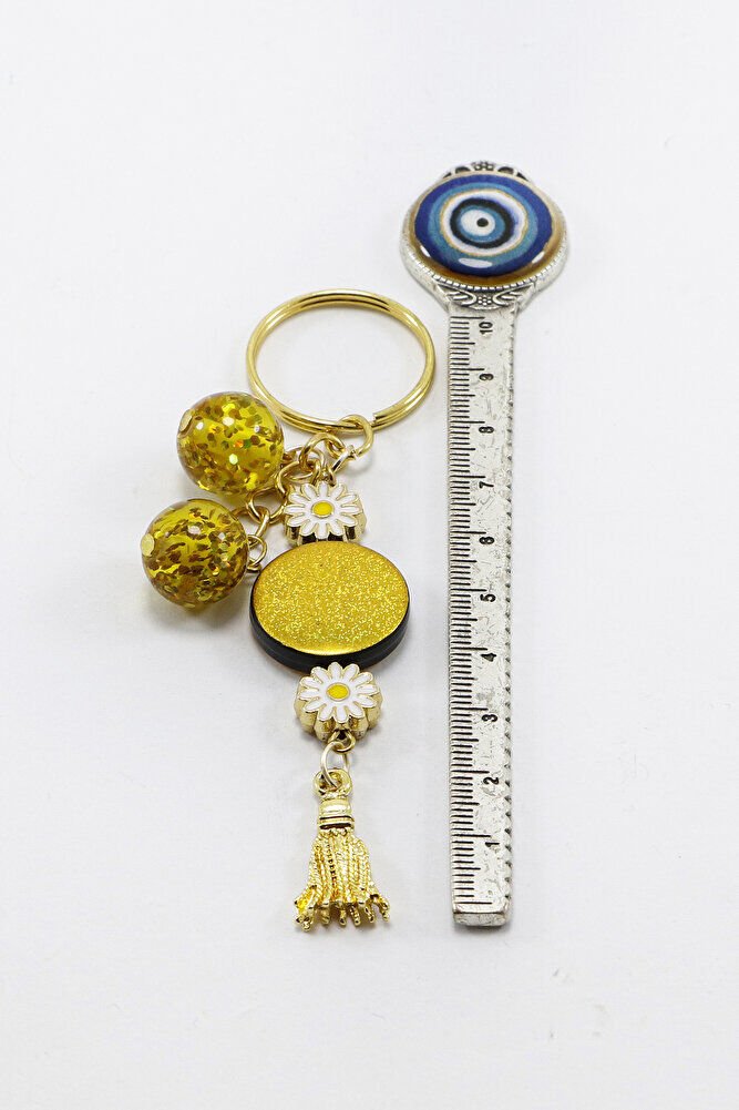 Hardal Renkli Simli Parlak Boncuklu Salkım Anahtarlık, Hediyelik Çanta Süsü