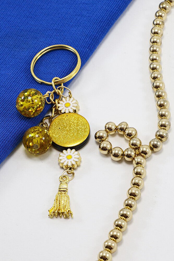 Hardal Renkli Simli Parlak Boncuklu Salkım Anahtarlık, Hediyelik Çanta Süsü