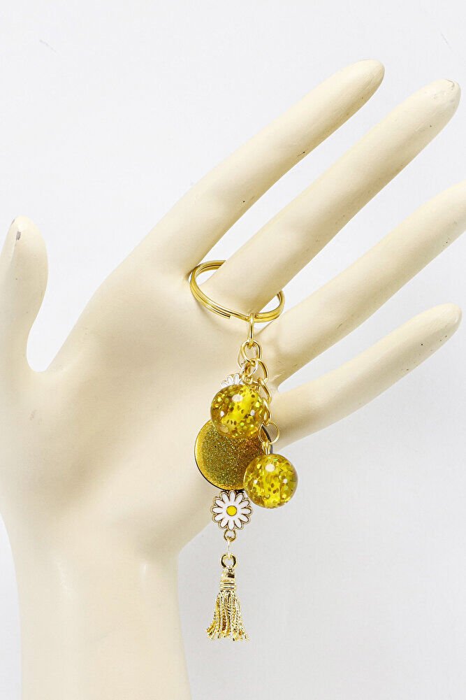 Hardal Renkli Simli Parlak Boncuklu Salkım Anahtarlık, Hediyelik Çanta Süsü