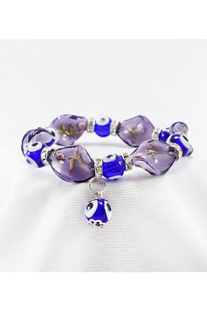 Mor Renkli El Yapımı Cam Nazar Boncuklu Bileklik, Hediyelik Nazar Boncuklu Bileklik
