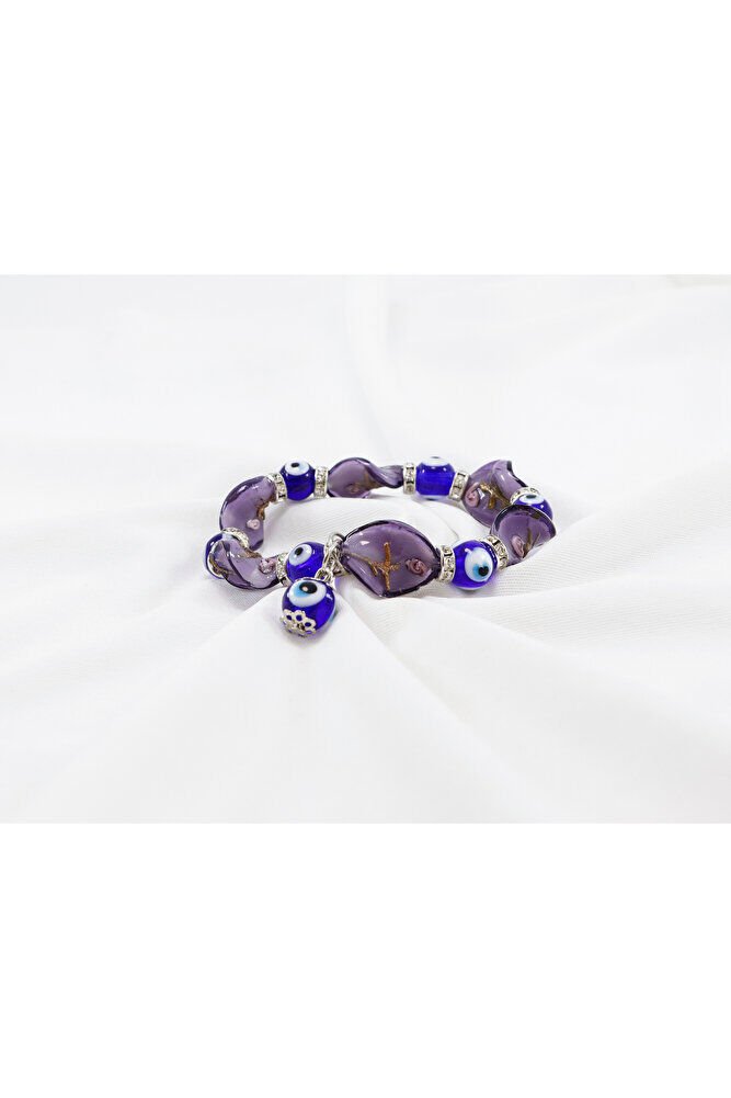 Mor Renkli El Yapımı Cam Nazar Boncuklu Bileklik, Hediyelik Nazar Boncuklu Bileklik