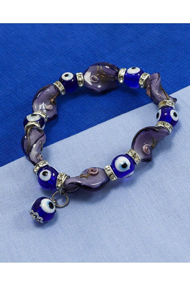 Mor Renkli El Yapımı Cam Nazar Boncuklu Bileklik, Hediyelik Nazar Boncuklu Bileklik