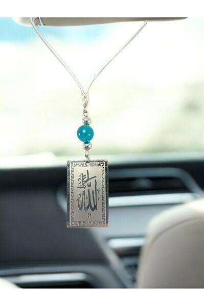 Dikdörtgen Çelik Allah Lafzı Araba Dikiz Ayna Süsü, Turkuaz Doğal Taşlı Yeni Araba Hediyesi
