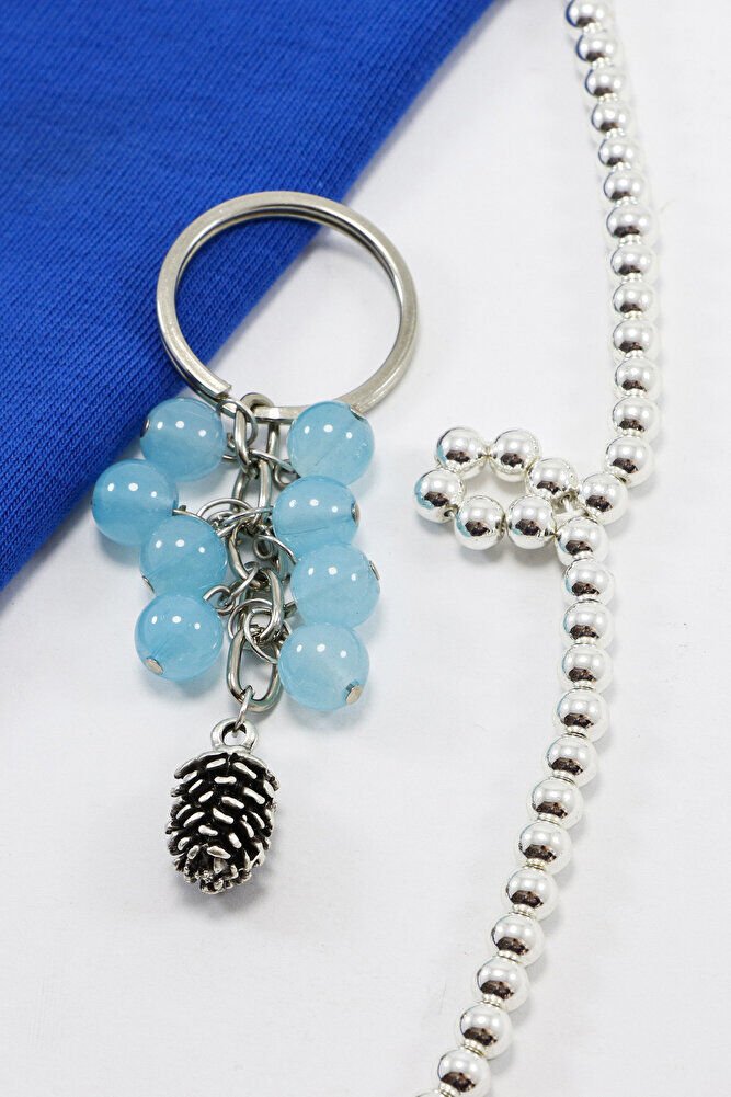 Turkuaz Renkli Salkım Sıkma Apatitli Kozalak Figürlü Anahtarlık, Hediyelik Çanta Süsü