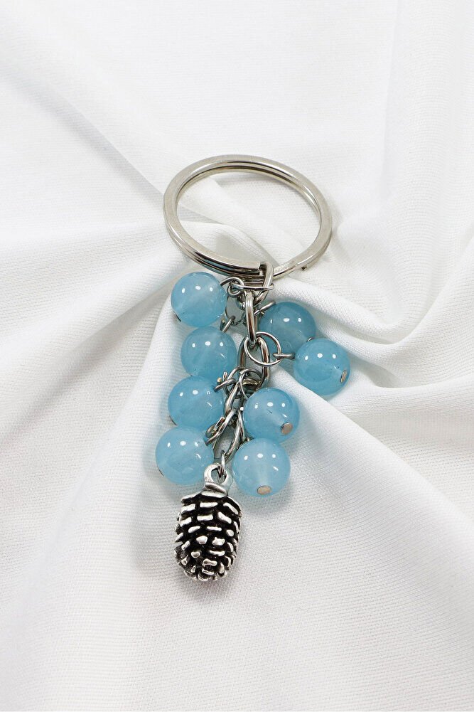 Turkuaz Renkli Salkım Sıkma Apatitli Kozalak Figürlü Anahtarlık, Hediyelik Çanta Süsü