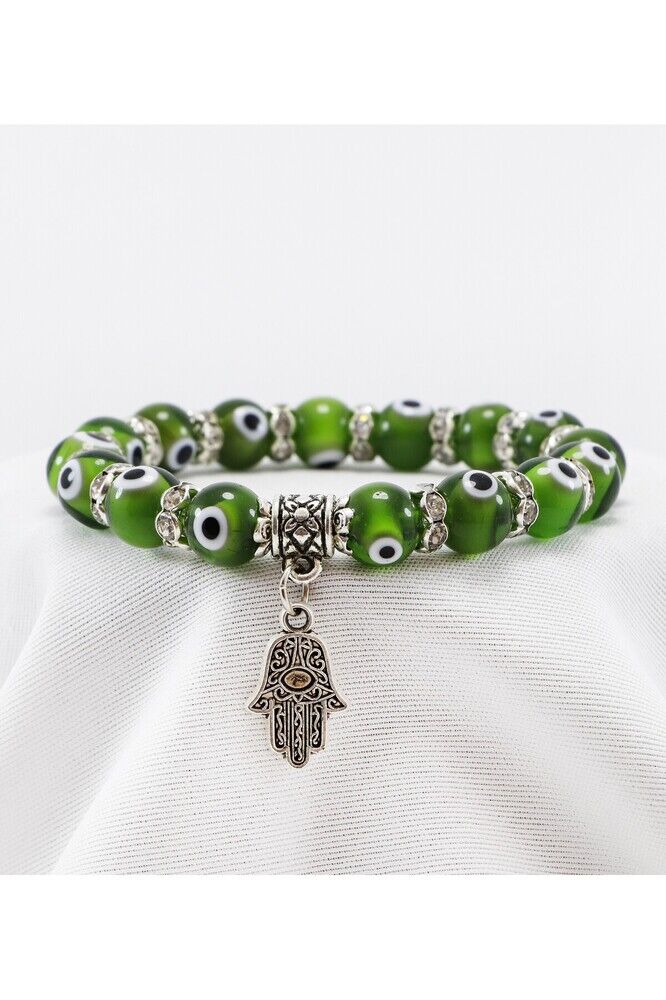Yeşil Renkli El Yapımı Cam Nazar Boncuklu Hamse Eli Bileklik, Hediyelik Nazar Boncuklu Bileklik
