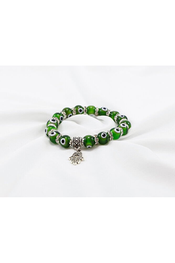 Yeşil Renkli El Yapımı Cam Nazar Boncuklu Hamse Eli Bileklik, Hediyelik Nazar Boncuklu Bileklik