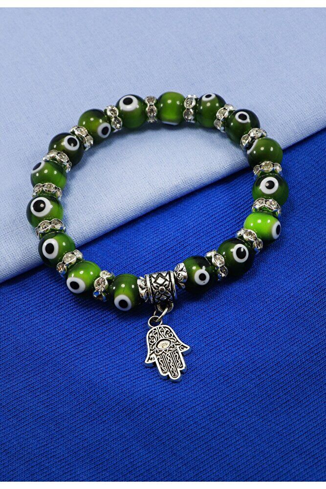 Yeşil Renkli El Yapımı Cam Nazar Boncuklu Hamse Eli Bileklik, Hediyelik Nazar Boncuklu Bileklik
