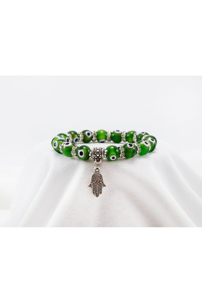 Yeşil Renkli El Yapımı Cam Nazar Boncuklu Hamse Eli Bileklik, Hediyelik Nazar Boncuklu Bileklik
