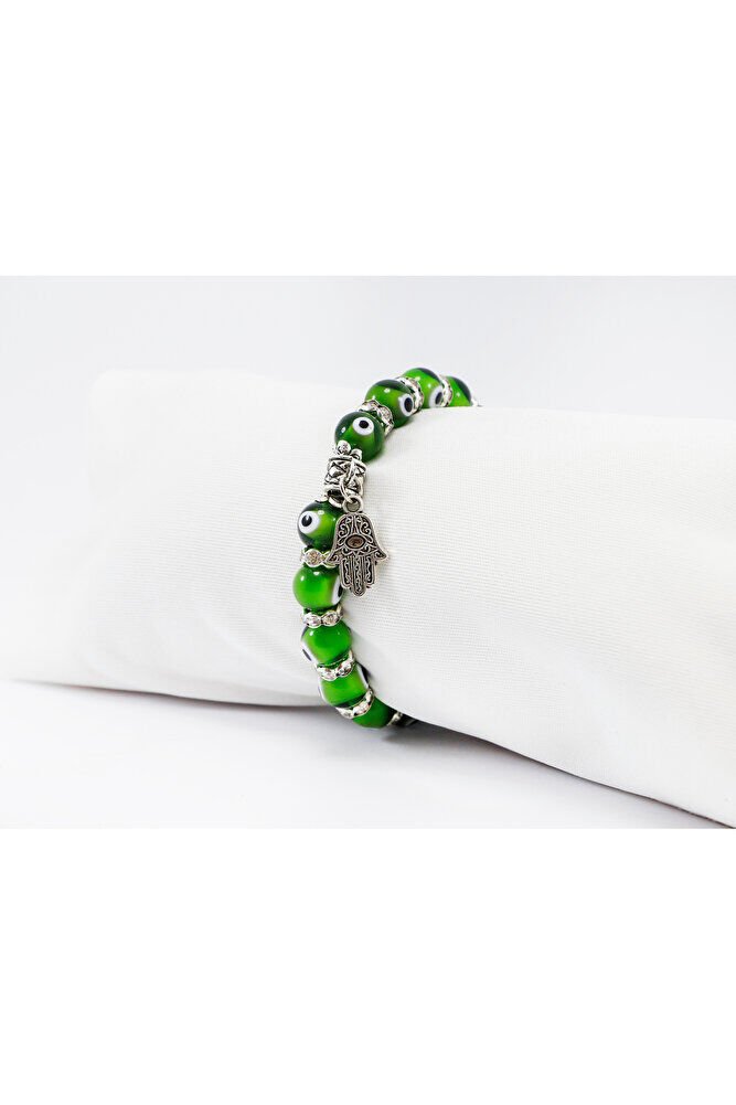 Yeşil Renkli El Yapımı Cam Nazar Boncuklu Hamse Eli Bileklik, Hediyelik Nazar Boncuklu Bileklik