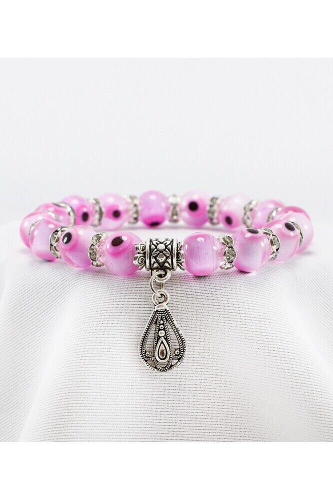 Pink Color Handmade Glass Evil Eye Beaded Drop Bracelet, Evil Eye Beaded Bracelet for Gift