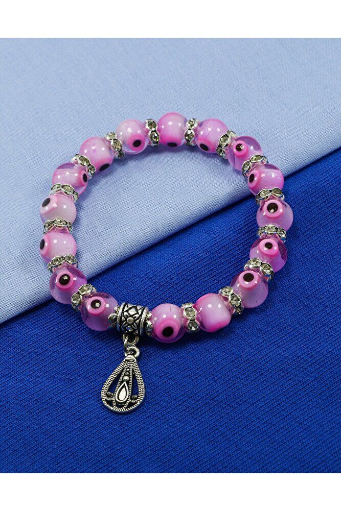 Pink Color Handmade Glass Evil Eye Beaded Drop Bracelet, Evil Eye Beaded Bracelet for Gift