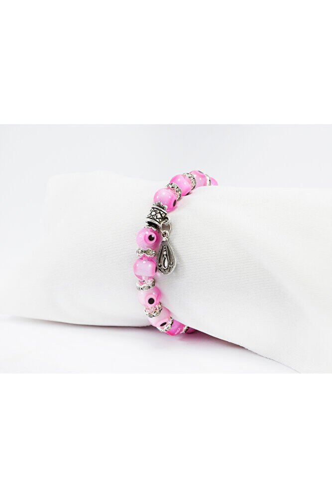 Pink Color Handmade Glass Evil Eye Beaded Drop Bracelet, Evil Eye Beaded Bracelet for Gift