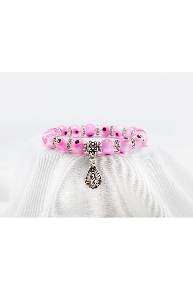 Pink Color Handmade Glass Evil Eye Beaded Drop Bracelet, Evil Eye Beaded Bracelet for Gift