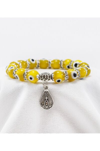 Hardal Rengi El Yapımı Cam Nazar Boncuklu Damlalı Bileklik, Hediyelik Nazar Boncuklu Bileklik