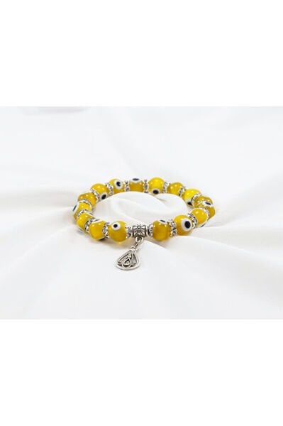 Hardal Rengi El Yapımı Cam Nazar Boncuklu Damlalı Bileklik, Hediyelik Nazar Boncuklu Bileklik