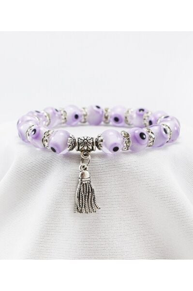 Lila El Yapımı Cam Nazar Boncuklu Püsküllü Bileklik, Hediyelik Nazar Boncuklu Bileklik