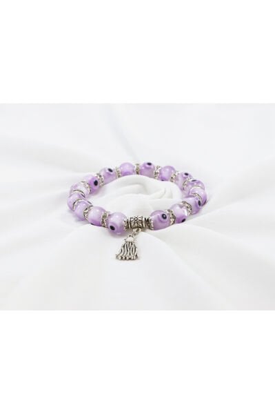 Lila El Yapımı Cam Nazar Boncuklu Püsküllü Bileklik, Hediyelik Nazar Boncuklu Bileklik