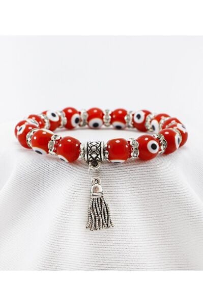 Kırmızı El Yapımı Cam Nazar Boncuklu Püsküllü Bileklik, Hediyelik Nazar Boncuklu Bileklik