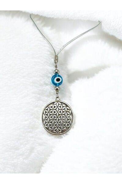 Metal Yaşam Çiçeği Araba Dikiz Ayna Süsü, El Yapımı Cam Turkuaz Nazar Boncuğu Yeni Araba Hediyesi