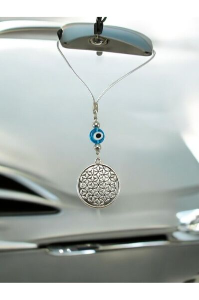 Metal Yaşam Çiçeği Araba Dikiz Ayna Süsü, El Yapımı Cam Turkuaz Nazar Boncuğu Yeni Araba Hediyesi