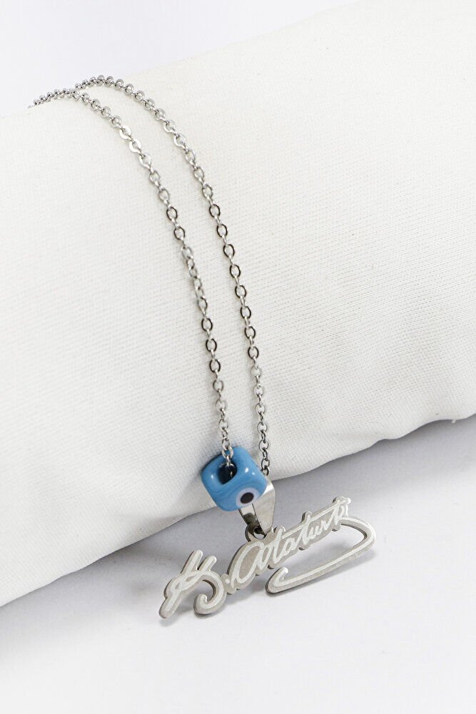 Gümüş Renkli K.Atatürk Yazılı Paslanmaz Çelik Zincirli Bijuteri Kolye, Hediyelik Kolye