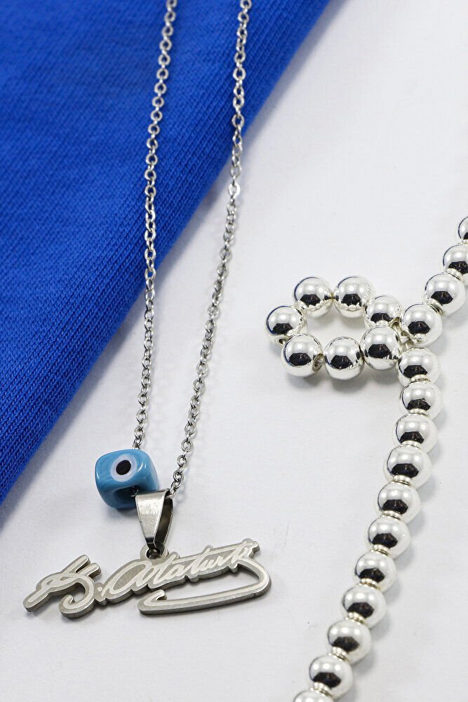 Gümüş Renkli K.Atatürk Yazılı Paslanmaz Çelik Zincirli Bijuteri Kolye, Hediyelik Kolye