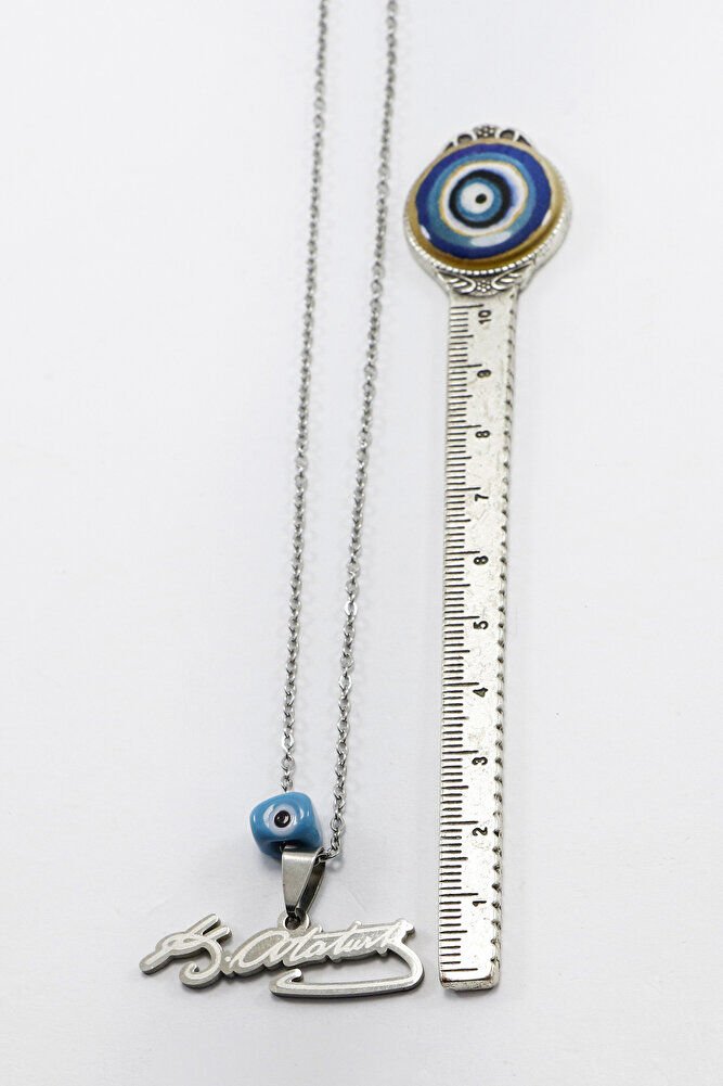 Gümüş Renkli K.Atatürk Yazılı Paslanmaz Çelik Zincirli Bijuteri Kolye, Hediyelik Kolye