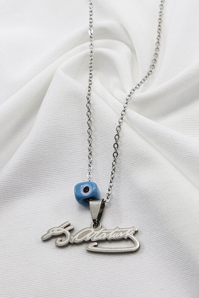 Gümüş Renkli K.Atatürk Yazılı Paslanmaz Çelik Zincirli Bijuteri Kolye, Hediyelik Kolye