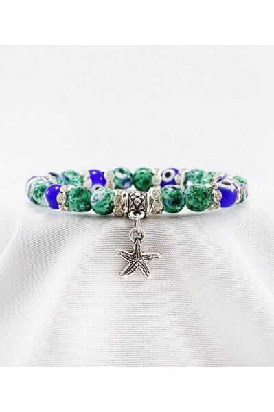 El Yapımı Cam Kare Boncuklıu Desenli Deniz Yıldızlı Bileklik, Hediyelik Nazar Boncuklu Bileklik