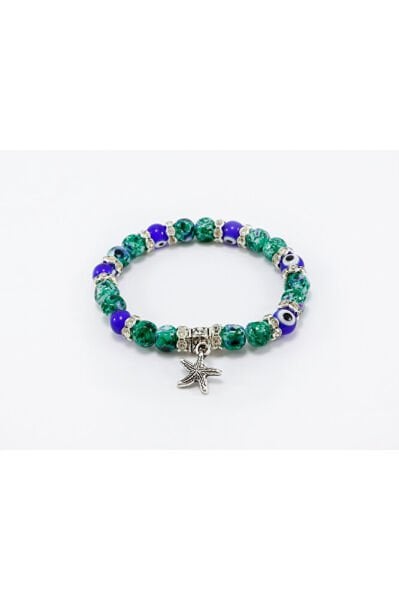 El Yapımı Cam Kare Boncuklıu Desenli Deniz Yıldızlı Bileklik, Hediyelik Nazar Boncuklu Bileklik