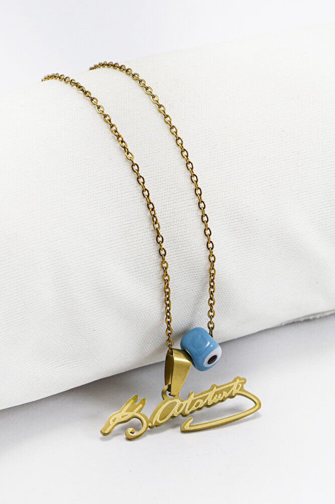 Gold Renkli K.Atatürk Yazılı Paslanmaz Çelik Zincirli Bijuteri Kolye, Hediyelik Kolye