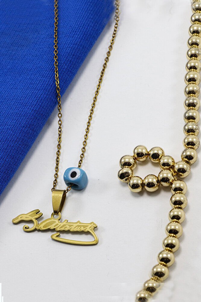 Gold Renkli K.Atatürk Yazılı Paslanmaz Çelik Zincirli Bijuteri Kolye, Hediyelik Kolye