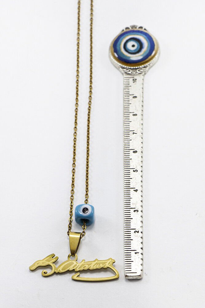 Gold Renkli K.Atatürk Yazılı Paslanmaz Çelik Zincirli Bijuteri Kolye, Hediyelik Kolye