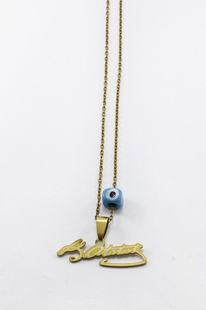 Gold Renkli K.Atatürk Yazılı Paslanmaz Çelik Zincirli Bijuteri Kolye, Hediyelik Kolye