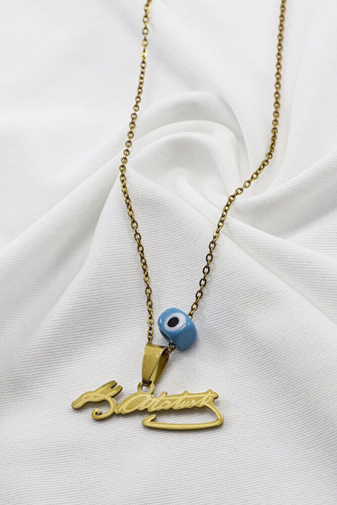 Gold Renkli K.Atatürk Yazılı Paslanmaz Çelik Zincirli Bijuteri Kolye, Hediyelik Kolye