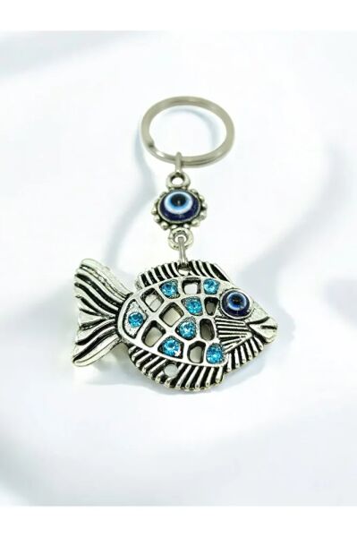 Turkuaz Nazar Boncuklu Ve Parlak Taslı Metal Balık Anahtarlık, Araba Dikiz Ayna Süsü Hediyelik