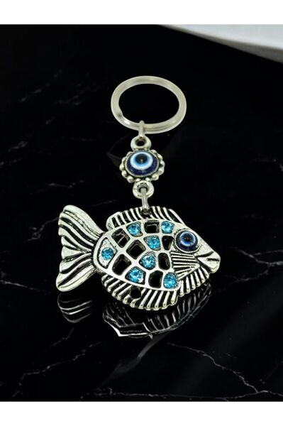 Turkuaz Nazar Boncuklu Ve Parlak Taslı Metal Balık Anahtarlık, Araba Dikiz Ayna Süsü Hediyelik