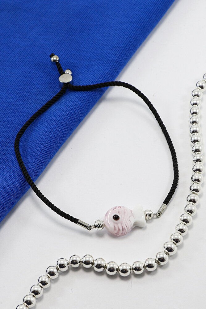 El Yapımı Cam Pembe Renkli Balık Ayarlanabilir Asansörlü Bileklik, Hediyelik Bileklik