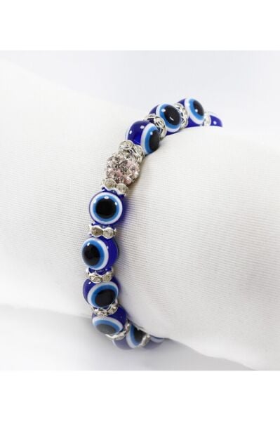 El Yapımı Lacivert Cam Nazar Boncuklu Bileklik, Hediyelik Toz Pembe Parlak Taşlı Bileklik