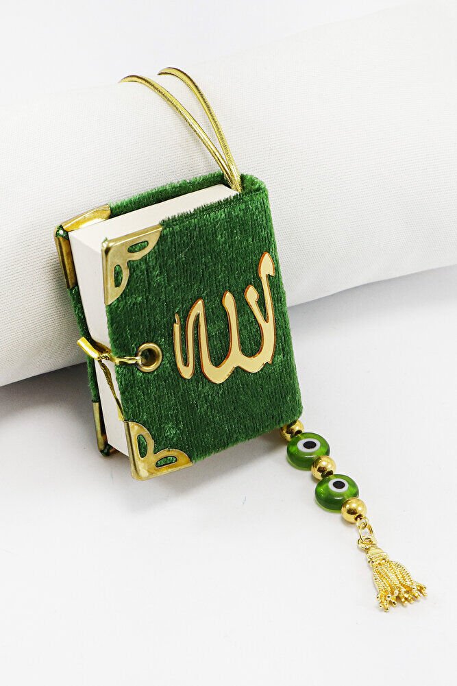 El Yapımı Cam Nazar Boncuklu Püsküllü Yeşil Renk Kadife Mini Kur' an-ı Kerim Araba Dikiz Ayna Süsü