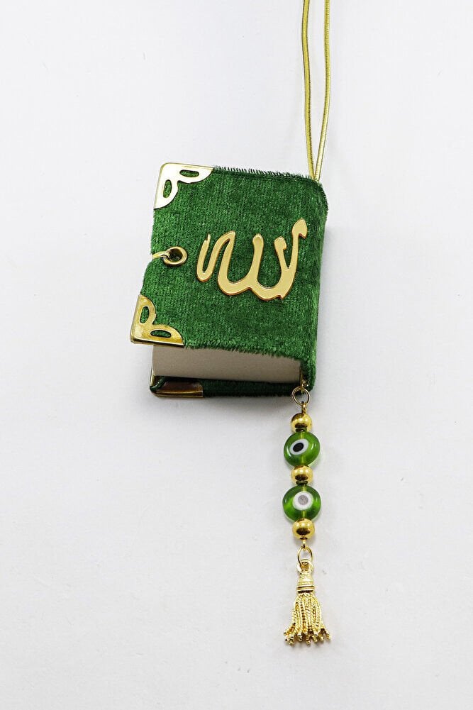 El Yapımı Cam Nazar Boncuklu Püsküllü Yeşil Renk Kadife Mini Kur' an-ı Kerim Araba Dikiz Ayna Süsü