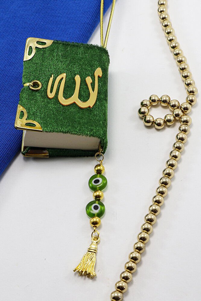 El Yapımı Cam Nazar Boncuklu Püsküllü Yeşil Renk Kadife Mini Kur' an-ı Kerim Araba Dikiz Ayna Süsü