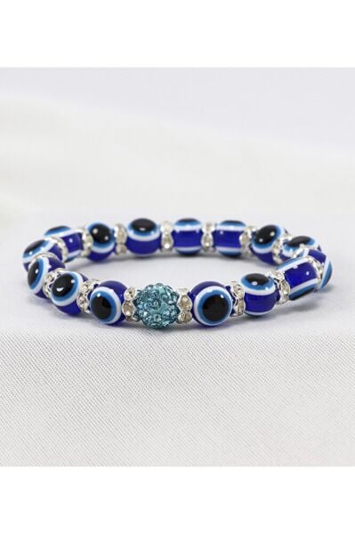 El Yapımı Lacivert Cam Nazar Boncuklu Bileklik, Hediyelik Turkuaz Parlak Taşlı Bileklik