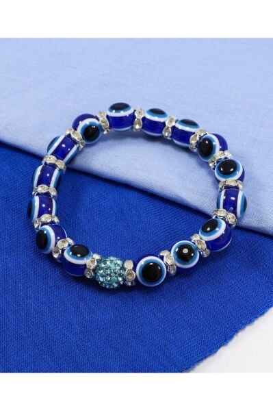 El Yapımı Lacivert Cam Nazar Boncuklu Bileklik, Hediyelik Turkuaz Parlak Taşlı Bileklik