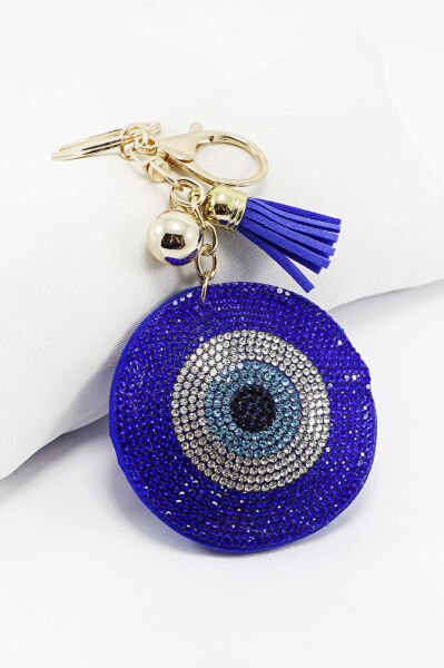 Lacivert Keçe Üzerine Parlak Taşlı Nazarlı Püsküllü Anahtarlık, Hediyelik Çanta Süsü
