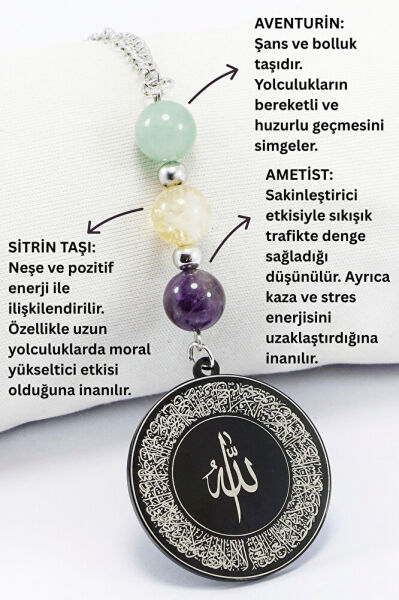 Siyah Çelik Ayetel Kürsi Nazar Ayeti Araba Dikiz Ayna Süsü, Doğal Taşlar: Ametist, Sitrin, Aventurin